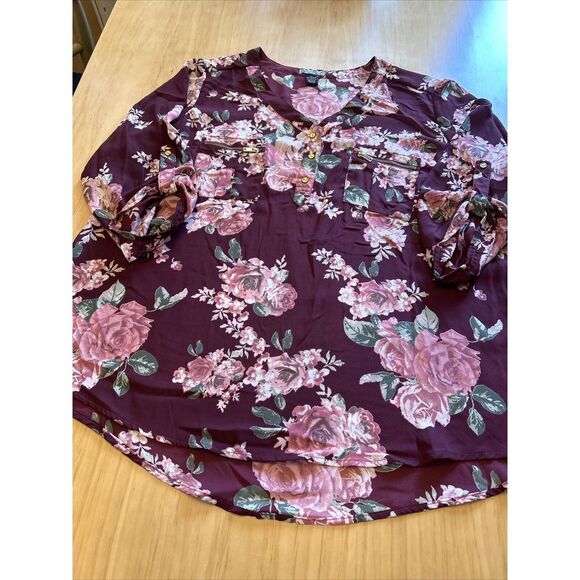 Tops - Belle Tweed Top Women 1X Blouse Chiffon Floral 3/4 Button Tab Sleeve